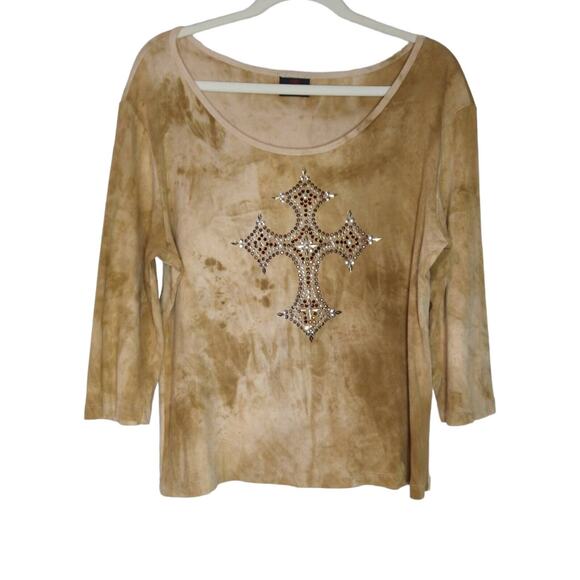 Y2K Lady Noiz Brown Tie-Dye Studded Cross Top 3/4 Sleeve Scoop Neck - Picture 2 of 6
